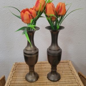 Two Vintage Brass Fluted Candlesticks/Vase